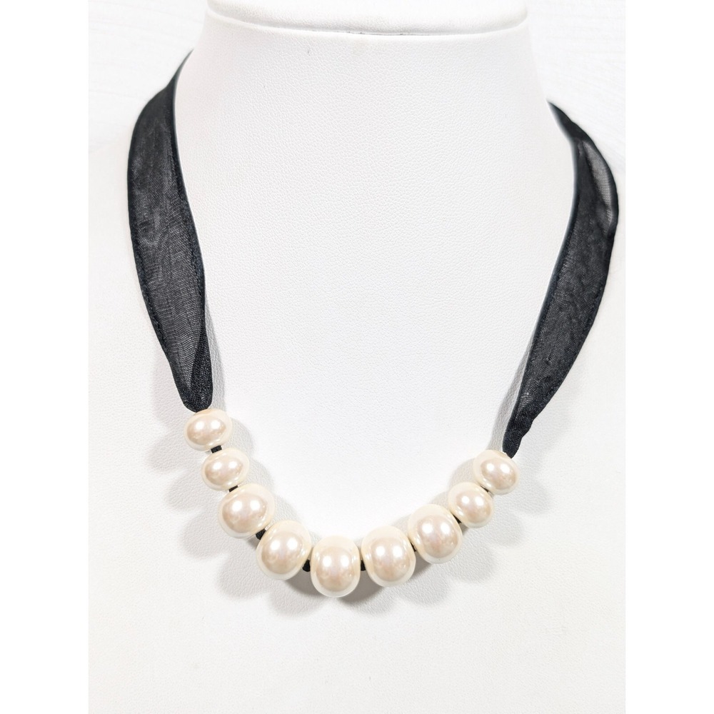 Retro Black Ribbon Choker Necklace Faux Pearl Charms 17 in